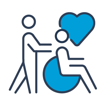 Blue and black graphic representing a person being pushed with care in a wheelchair.