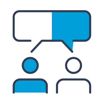 Icon shows two people having a conversation, represented by a speech bubble above them.