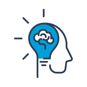 Blue and black graphic showing a head in profile, and their brain.