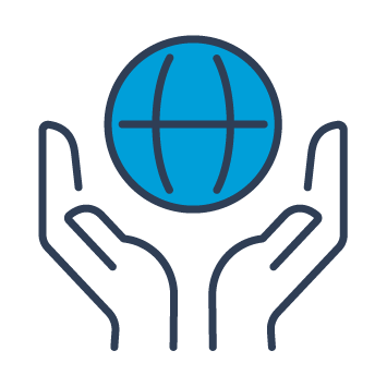 Blue and black graphic showing two hands reaching up to a globe.