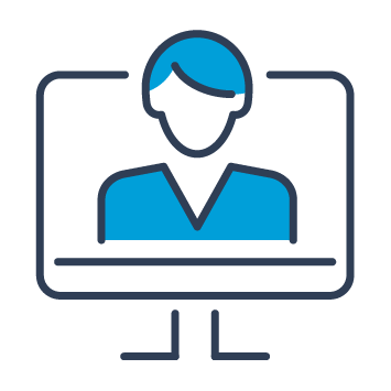 Icon of a person on a computer monitor, representing work from home.