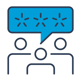 Blue and black graphic representing a person receiving negative feedback from two other people.
