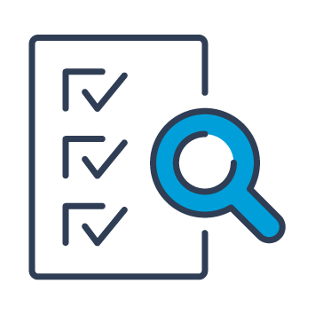 Blue and black graphic showing a magnifying glass hovering over a piece of paper with ticks on it.