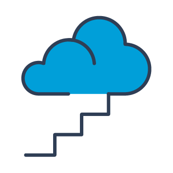 Blue and black graphic showing stairs leading up to a cloud.
