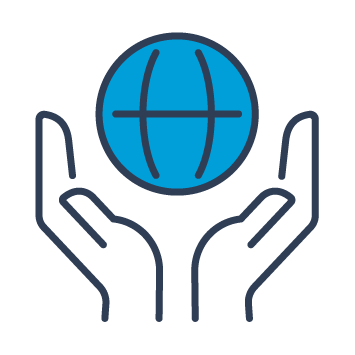 Blue and black graphic showing hands reaching up to a globe.