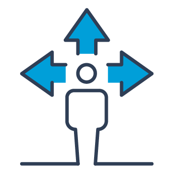 Blue and black graphic showing a person with three arrows pointing outwards from their head.