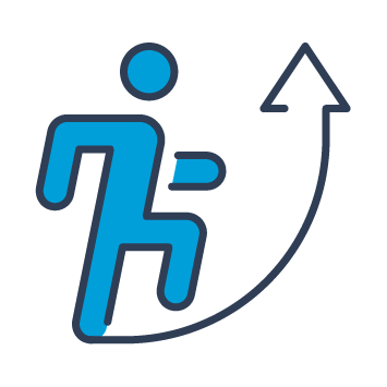 Blue and black graphic of a person appearing to run up an upward arrow.