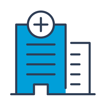 Blue and black graphic showing a larger hospital with a medical cross, in front of a smaller hospital.