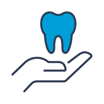 Blue and black graphic showing a tooth hovering over an outstretched hand.