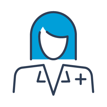 Blue and black graphic showing a clinician with long hair.