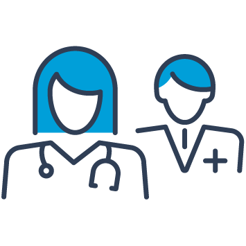 Blue and black graphic showing two clinicians.