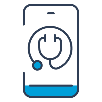Blue and black graphic showing the outline of a mobile phone and a stethoscope picture on the front.