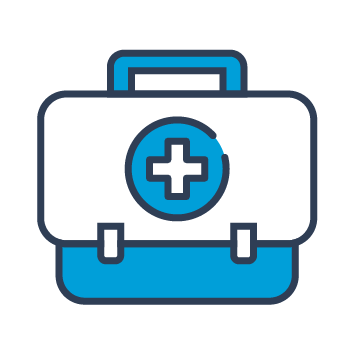 Blue and black graphic of a military bag with a medical cross on the front.