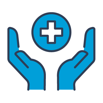 Blue and black graphic showing hands reaching up to a blue medical cross.