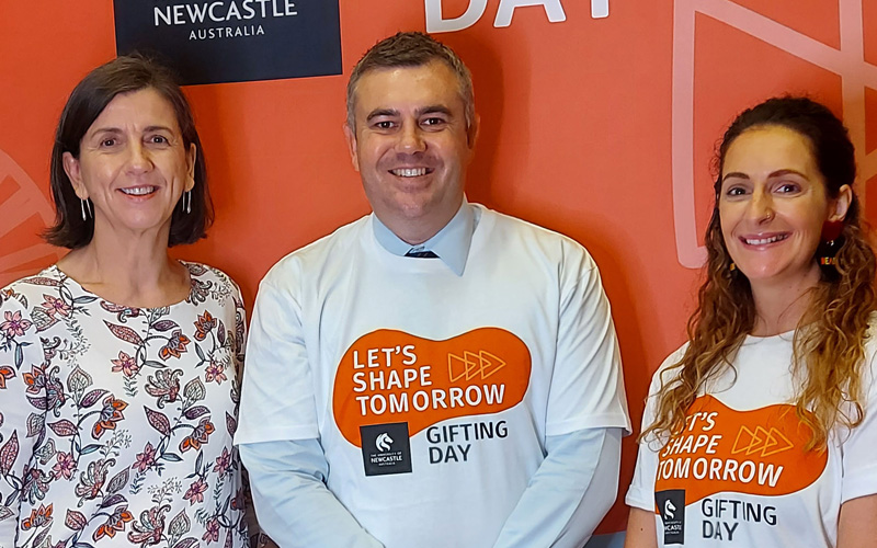 Photo of Mel Keyes with two representatives from the Let's shape tomorrow gifting day.