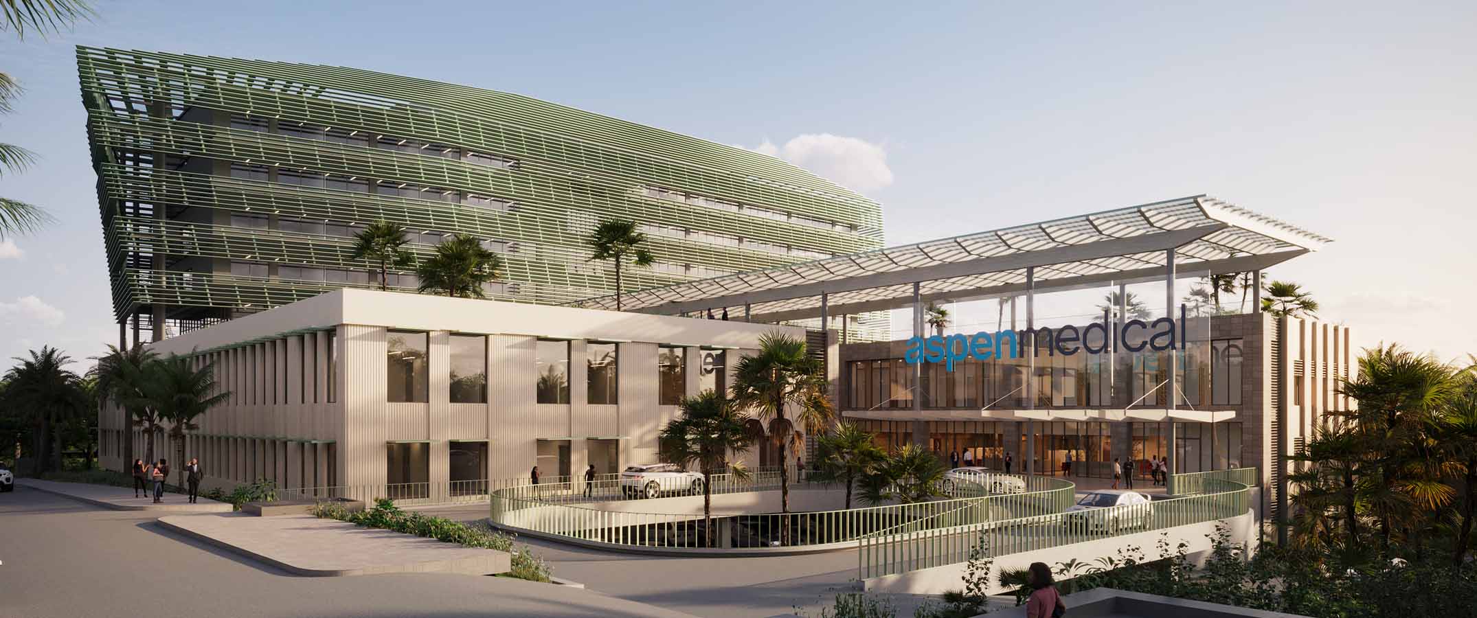Displays an artists impression of the Aspen Medical Deepok hospital in Indonesia.