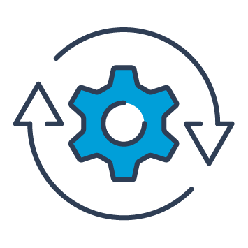Icon of a cog surrounded by circling arrows, indicating movement forward.