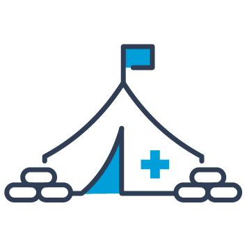 Icon of blue, black and white showing a trauma hospital.