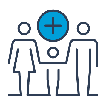 Icon of a family beneath a medical cross.