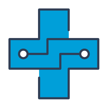 Icon of a medical cross with technology symbols.