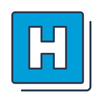 A blue and black icon of a square with a capital H, representing hospital.