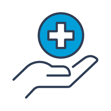 Graphic of a hand beneath a blue circle with a medical cross.