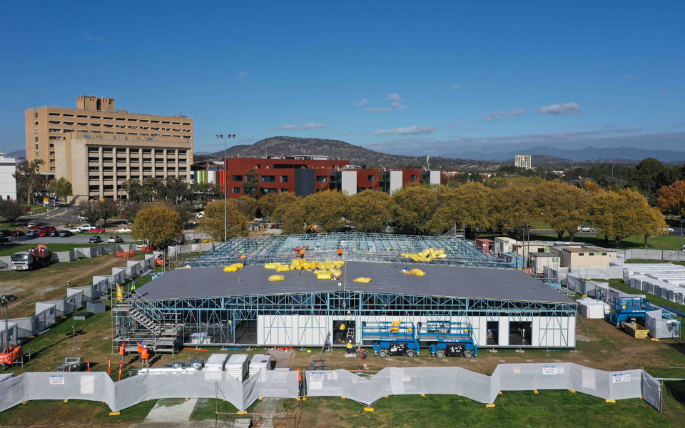 Photo of the Canberra surge centre during construction.