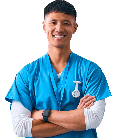 Photo shows an asian male clinician facing forward, wearing scrubs and smiling.