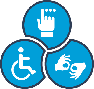 Icon shows a three part graphic representing common disability types.