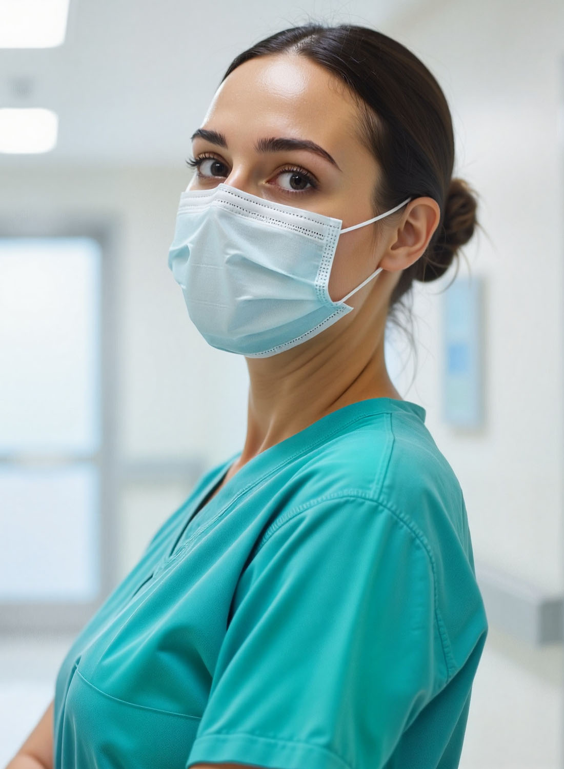 Photo shows a female clinician in scrubs wearing a hospital mask.