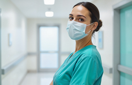 Photo shows a female clinician in scrubs wearing a hospital mask.