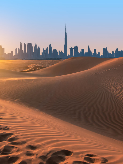 Image shows an Arabic landscape of sand with a city in the distance.