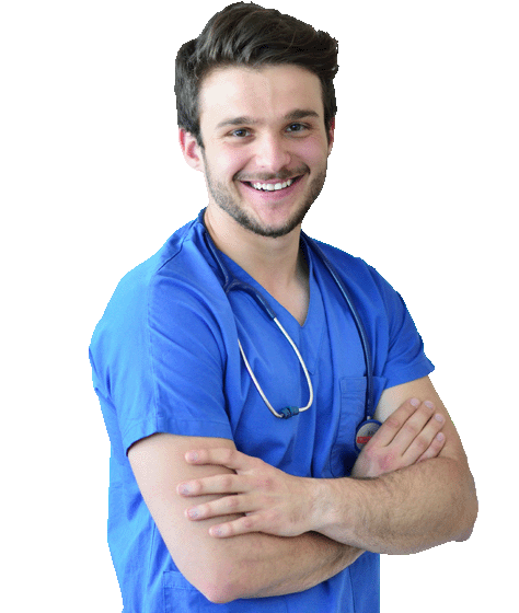 Photo shows a male Emirati clinician wearing blue scrubs, smiling with his arms crossed.