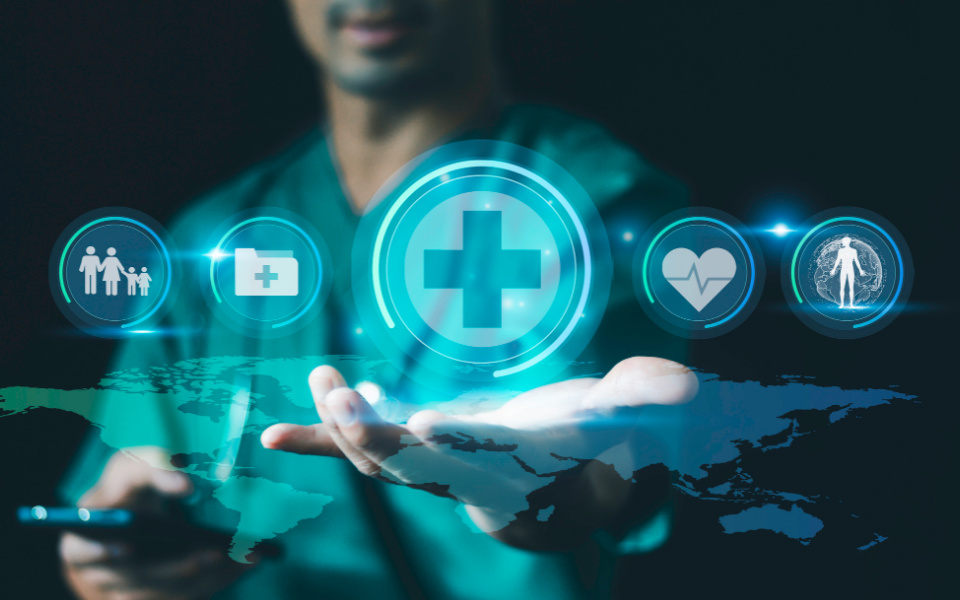 Designed image of clinician in scrubs with icons floating in front