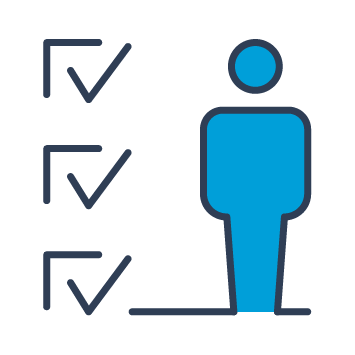 Blue and black icon showing a person with three ticks down the left side, indicating good governance.