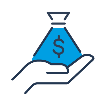 Blue and black icon showing a hand holding a bag of money.