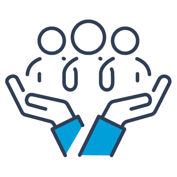 Blue and black icon showing a collection of three people held supportively by a set of hands. This represents people and support.