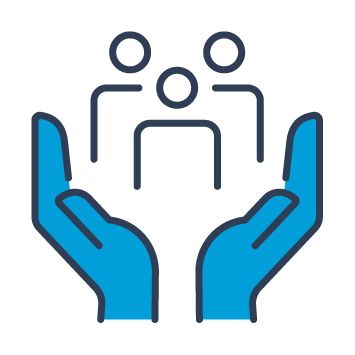 Blue and black icon showing hands holding a group of people.