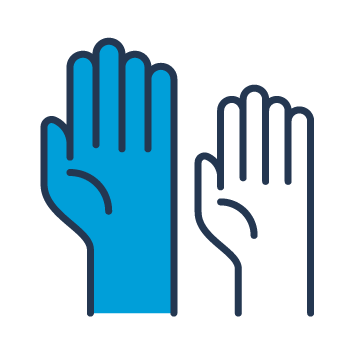 Blue and black icon showing two hands raised.