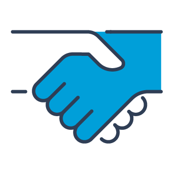 Blue and black icon showing two hands shaking.