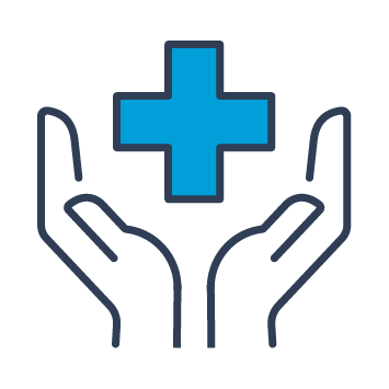 Blue and black icon shows hands reaching up to a medical cross.