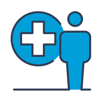 Blue and black icon showing a person standing closely to a medical cross.