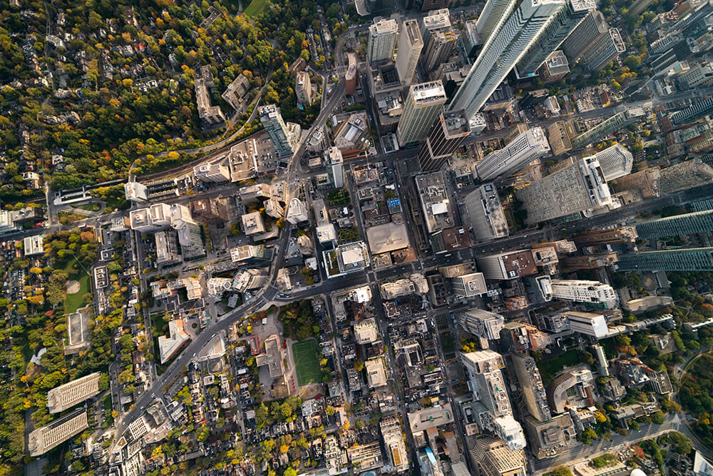 Aerial view of city in America.