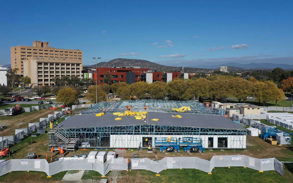 Photo of the Canberra surge centre during construction.
