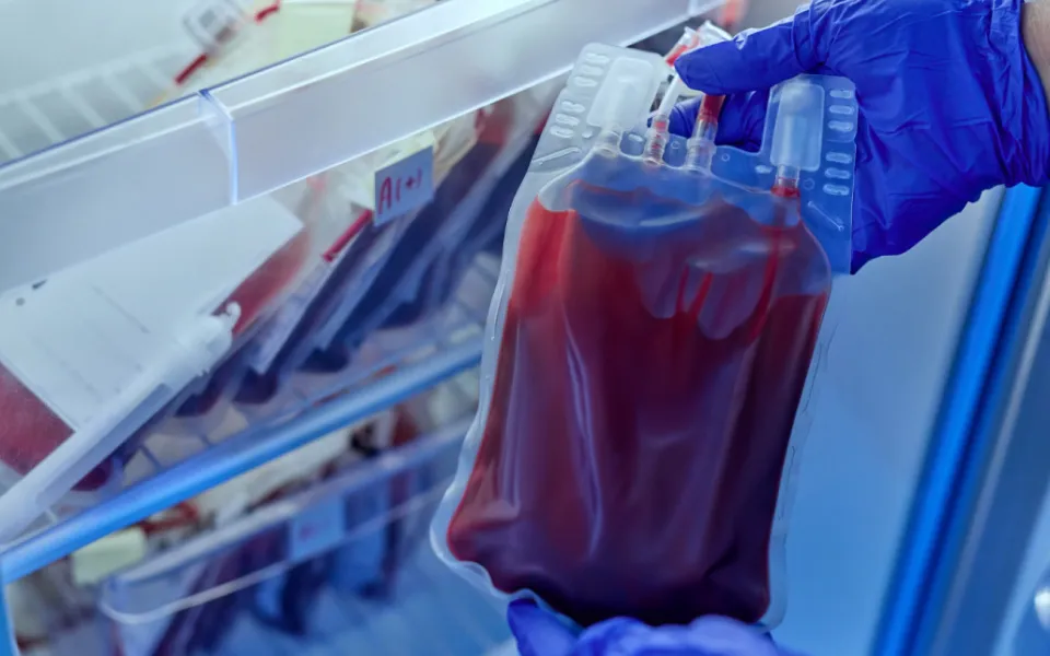 Library photo of blood in a bag being handled